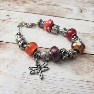 Vintage Dragonfly Charm Bracelet Silver Tone & Orange/Red Beads